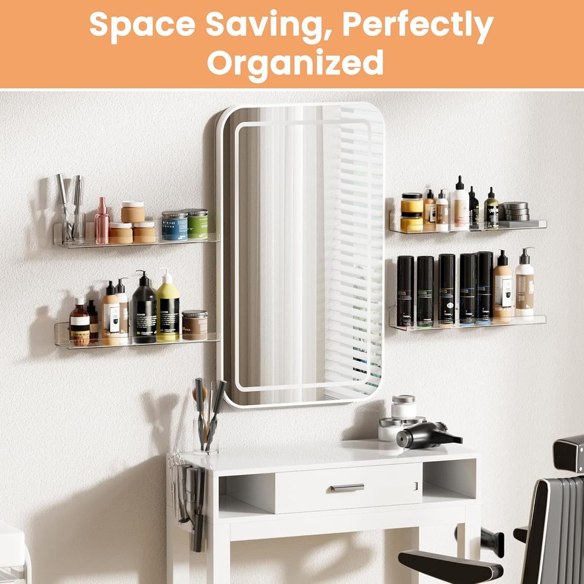 upsimples Acrylic Shelves for Bathroom Storage, 15" Floating Shelves Wall Organizer for Perfume, Make up, Skincare, Kids Bookshelf for Bedroom, Nursery, Living Room Decor, Clear, 4 Pack