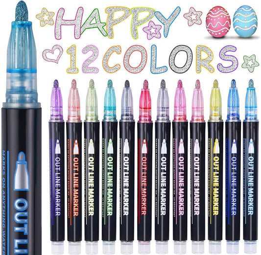 Stocking Stuffers, Outline Glitter Markers, Stocking Stuffers for Teen Girl Gifts Trendy Stuff, 12 Shimmer Markers Outline Pens for Art Supplies for Kids 9-12, Gifts for 4-12 Year Old Girls