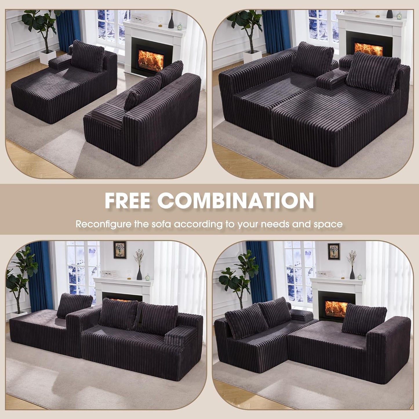 Hobestluk 96“ Modular Sectional Sofa Couches L-Shape Couch 3 Seat Modular Sofa Memory Foam Sectional Couches for Living Room, Cloud Couch with Oversized Chaise (Grey, Stripe (Left Facing Chaise))