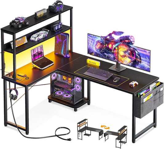 ODK 53 Inch L Shaped Desk with LED Lighting, Reversible Gaming Desk with Power Outlets, Cornor Computer Table with Storage Shelves & Bag & Iron Hook, Home Office Table for Writing, Study, Black