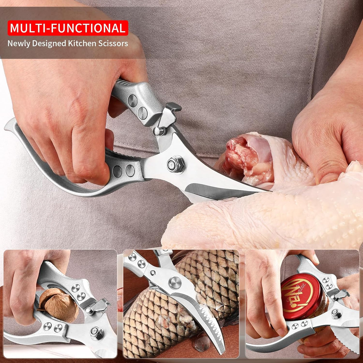 MAD SHARK Heavy Duty Poultry Shears, Kitchen Shears with Non-Slip Handle & Safety Lock, All Purpose Kitchen Scissors for Chicken, Meat Cutting, Turkey, Fish, Vegetables, Spring Loaded, Dishwasher Safe