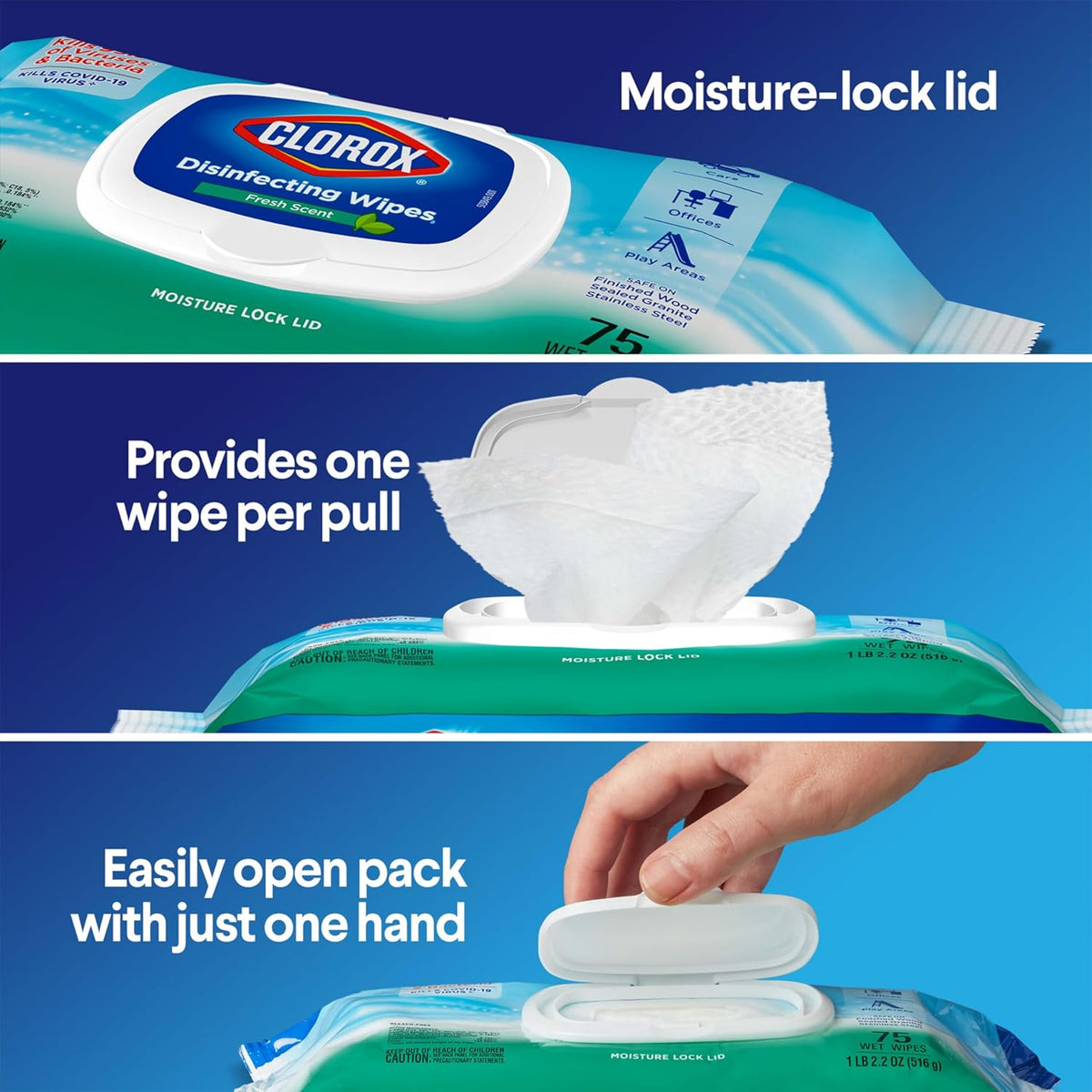 Clorox Disinfecting Wipes, Bleach Free Cleaning Wipes, Household Essentials, Dorm Room Essentials, Fresh Scent, Moisture Seal Lid, 75 Wipes, Pack of 3 (New Packaging)