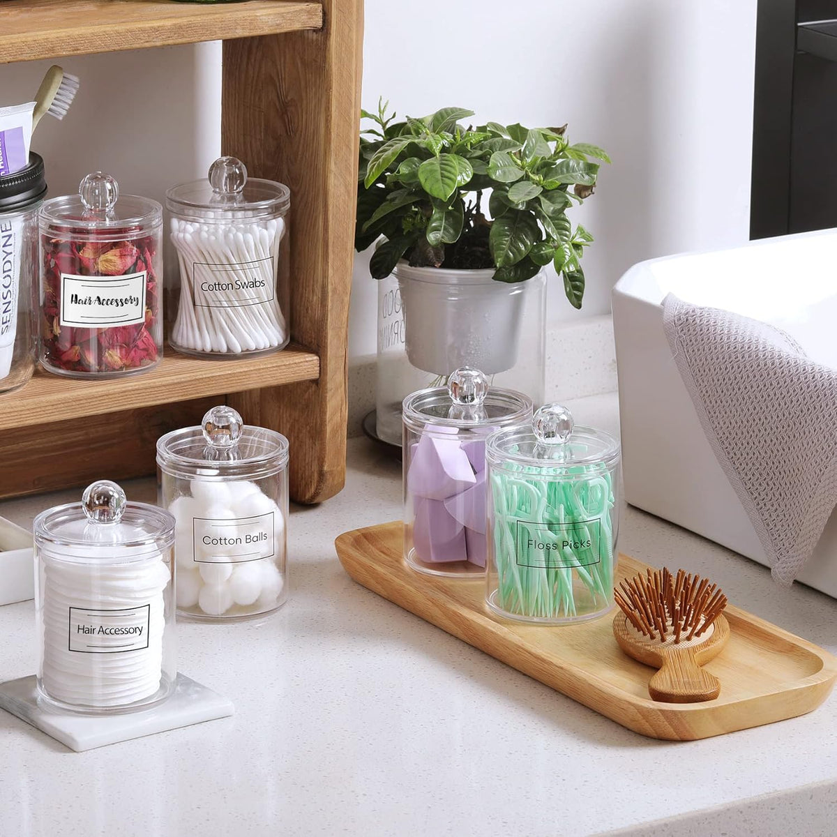 Clear Acrylic Qtip Holder Dispenser Set 4-Pack – Bathroom Vanity Storage Jars for Cotton Balls, Swabs, Pads, Floss Picks (10oz & 12oz)