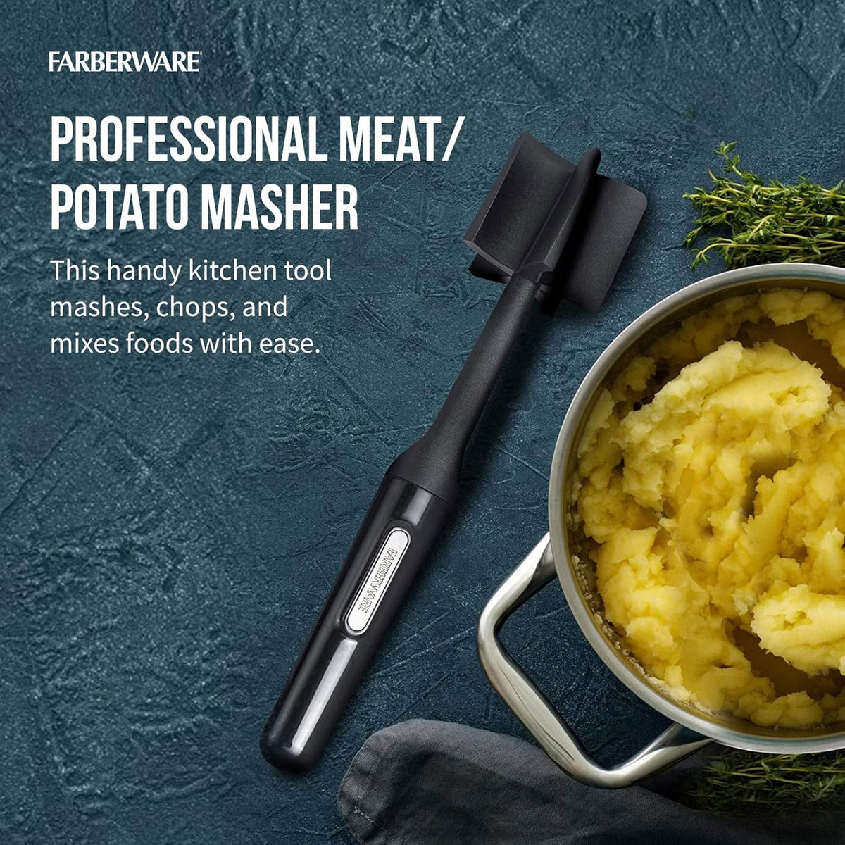 FARBERWARE Nylon Meat and Potato Masher – 5-Blade Ground Meat Chopper, Heat-Resistant to 450°F, Safe for Nonstick Cookware, Ergonomic Handle, 10-Inch, Dishwasher-Safe, Black