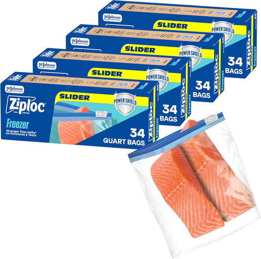 Ziploc Quart Food Storage Freezer Slider Bags, 136ct Total, Durable, 34 Count, 4 Pack (Packaging May Vary)