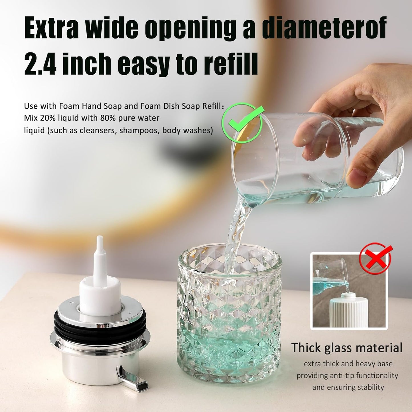Malachi Foaming Hand Soap Dispenser, Refillable Clear Glass Pump Bottles for Liquid or Lotion, Modern Foam Dispenser for Bathroom, Kitchen, Commercial