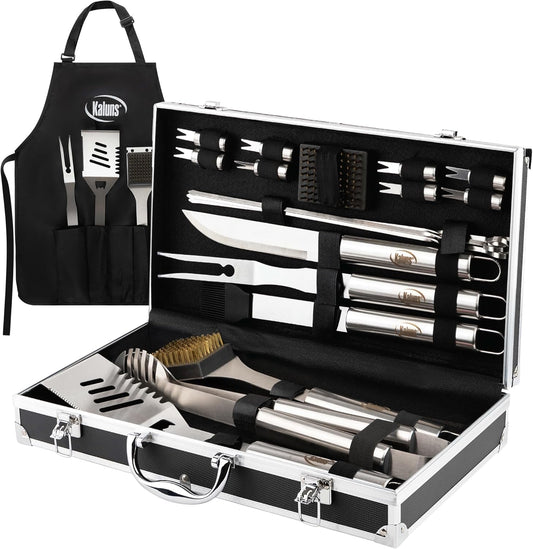 Kaluns BBQ Accessories Grill Tools, Mens Valentines Day Gifts for Him, Heavy Duty Stainless Steel Barbecue Grill Accessories for Outdoor Grill with Aluminum Case and Apron, Grilling Gifts for Men Dad