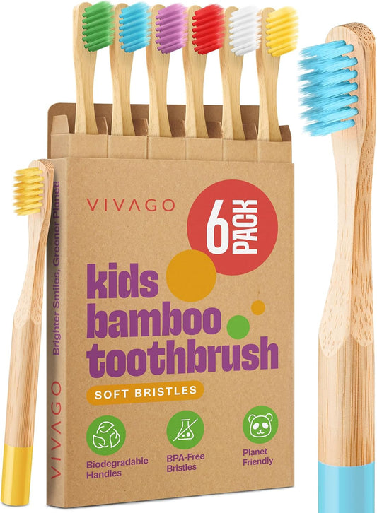 Kids Toothbrush with Soft Bristles 6 Pack - Toddler Toothbrush with Colorful Bamboo Handles // Kids Bamboo Toothbrushes // Kid Tooth Brush // Childrens Toothbrushes Set