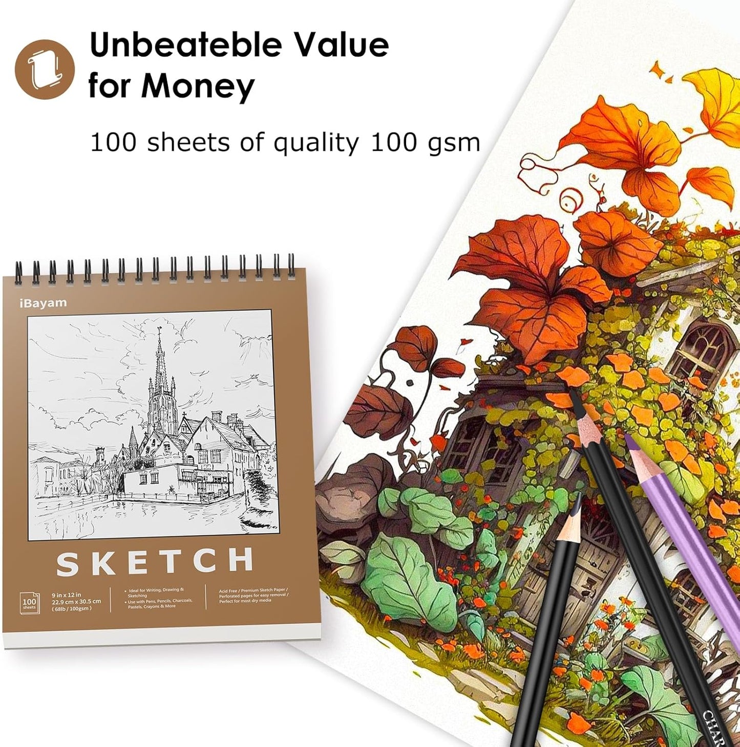 iBayam 9x12 Sketchbook, Spiral Bound Sketch Book for Kids, Teens Adults Artists Beginners, Drawing Supplies Art Supplies,100 Sheets (68lb/100gsm) Premium Drawing Pad for Sketching Writing Painting