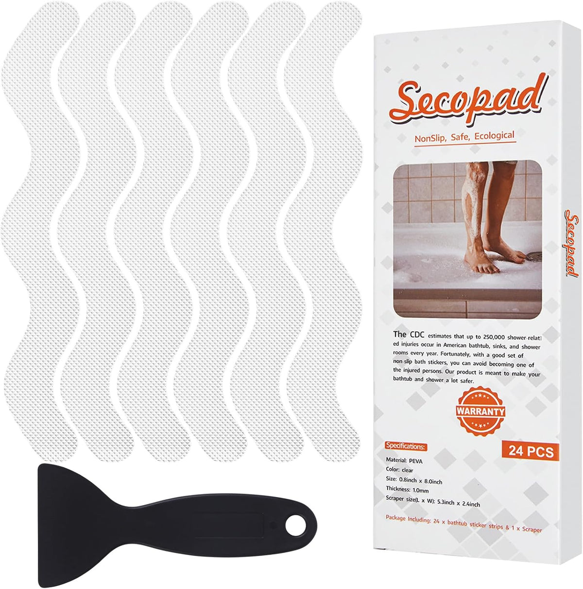 Anti Slip Shower Stickers, Adhesive Decals Safety Strips Scraper for Bath Tub, Shower, Stairs, 24 Pieces (Clear)