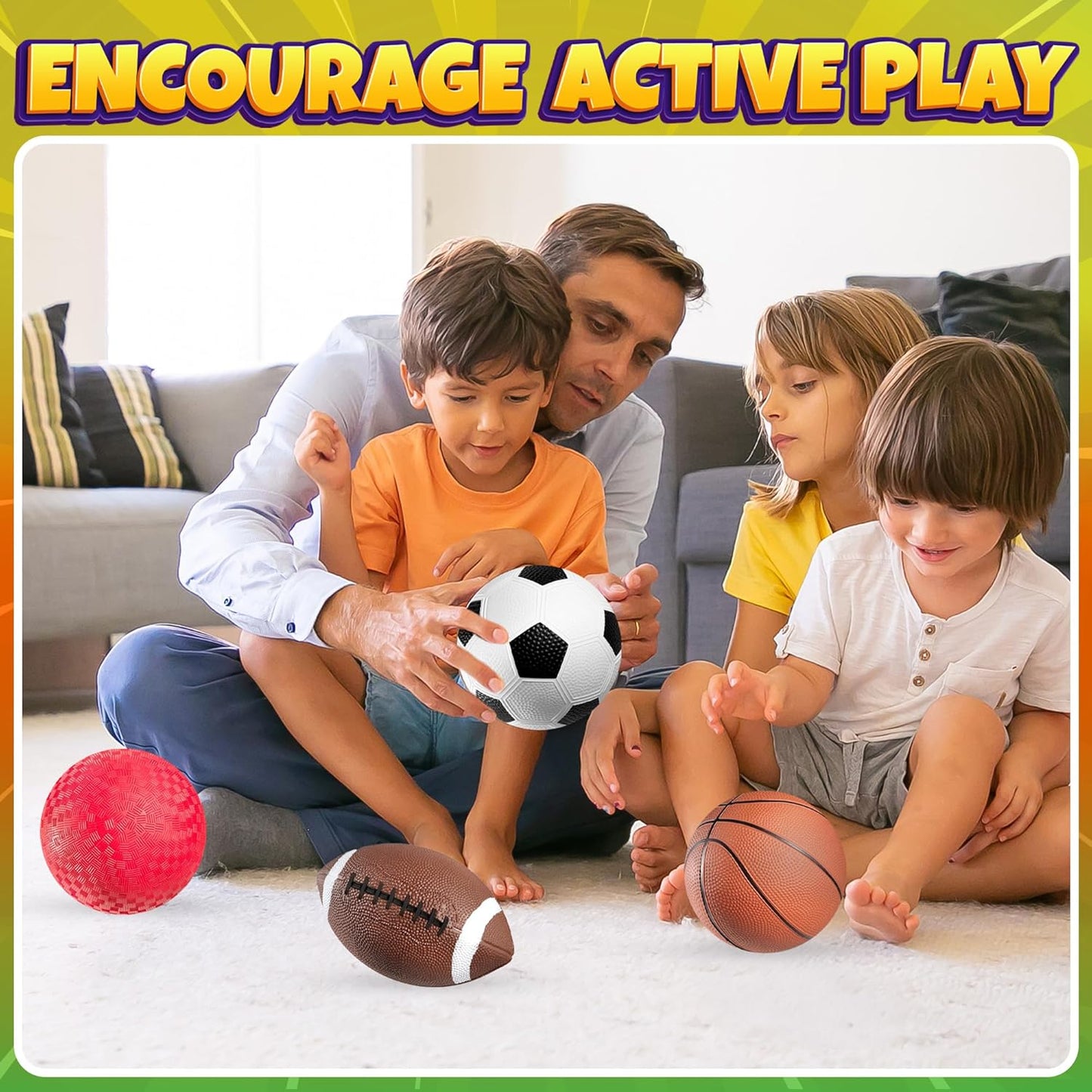 Sports Balls for Kids & Toddlers - (Pack of 4) 5-inch Sports Set Includes Football, Small Size Soccer, Basketball, and Playground Balls, Fun Indoors & Outdoor Toys (Hand Pump Included)