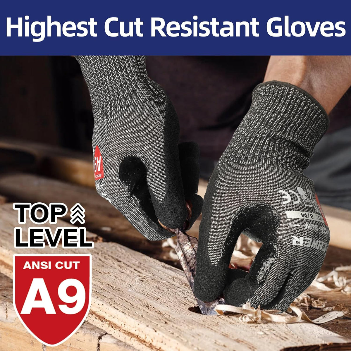 Schwer ProGuard Highest Level Cut Resistant Work Gloves PR3326 for Extreme Protection，ANSI A9 Cut Gloves with Reinforced Thumb, Non Slip, Breathable, Durable, Touch-screen, Non PFAS, Black 1 Pair（L）