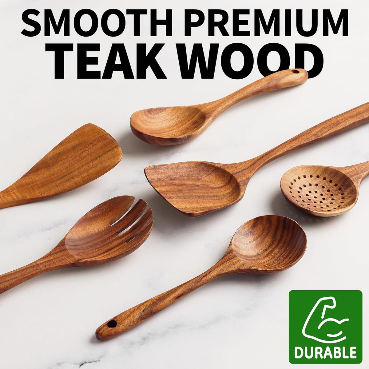 Zulay Kitchen 6-Piece Wooden Cooking Spoons Set – Heat-Resistant, Smooth Teak Utensils with Comfort Grip – Lightweight & Durable – Easy to Clean, Perfect for Non-Stick Cookware