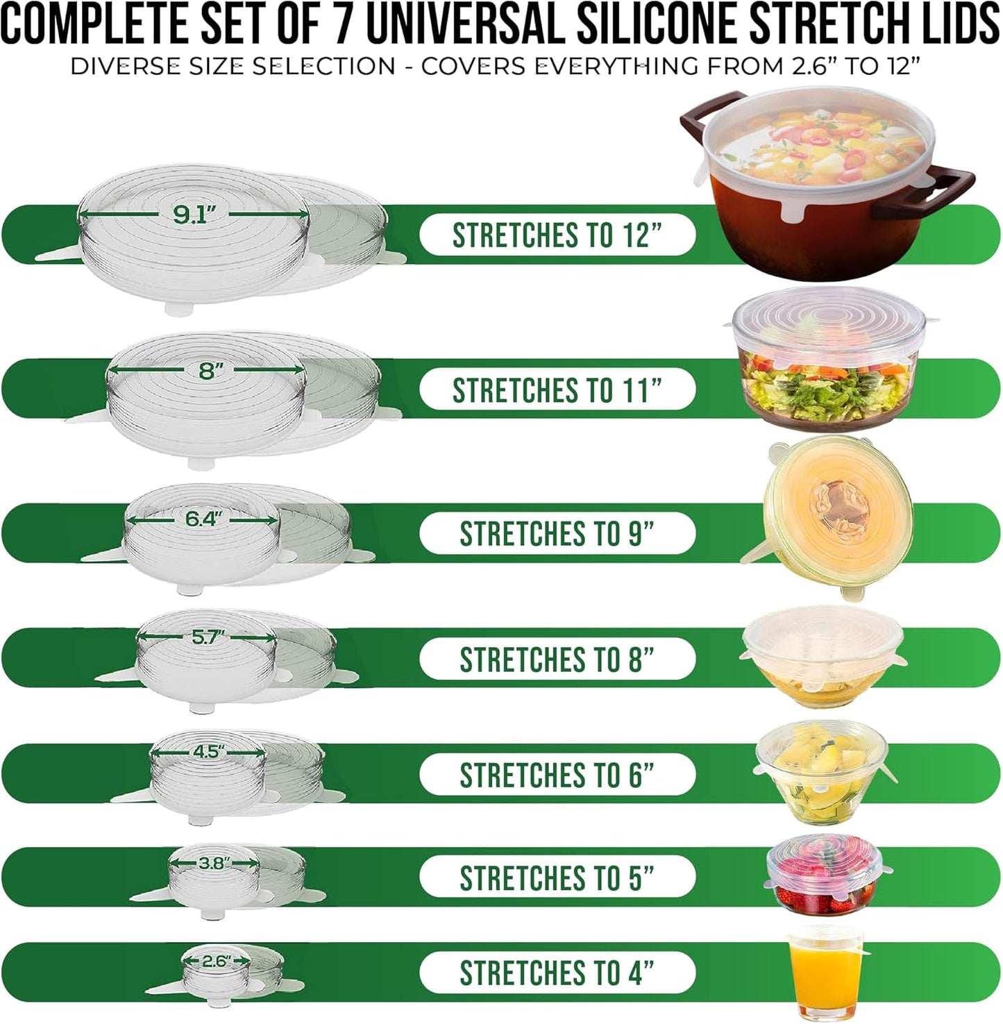 Reusable Silicone Stretch Lids for Food Storage in Fridge - Elastic Heat-Resistant Fits 2.6"–12" Bowl Covers, Cups, Cans, Jars - Universal Food Grade Lid - BPA-Free - Dishwasher Safe -7 Pack