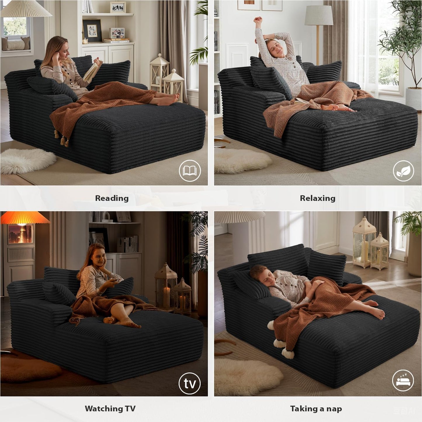 50 Inches Chaise Lounge Indoor, Oversized Chaise Lounge Chair with 3 Throw Pillows and Armrests, Corduroy Upholstered Plush Sofa Bed Lazy Chair Bed Sleeper Chair for Living Room Apartment (Black)