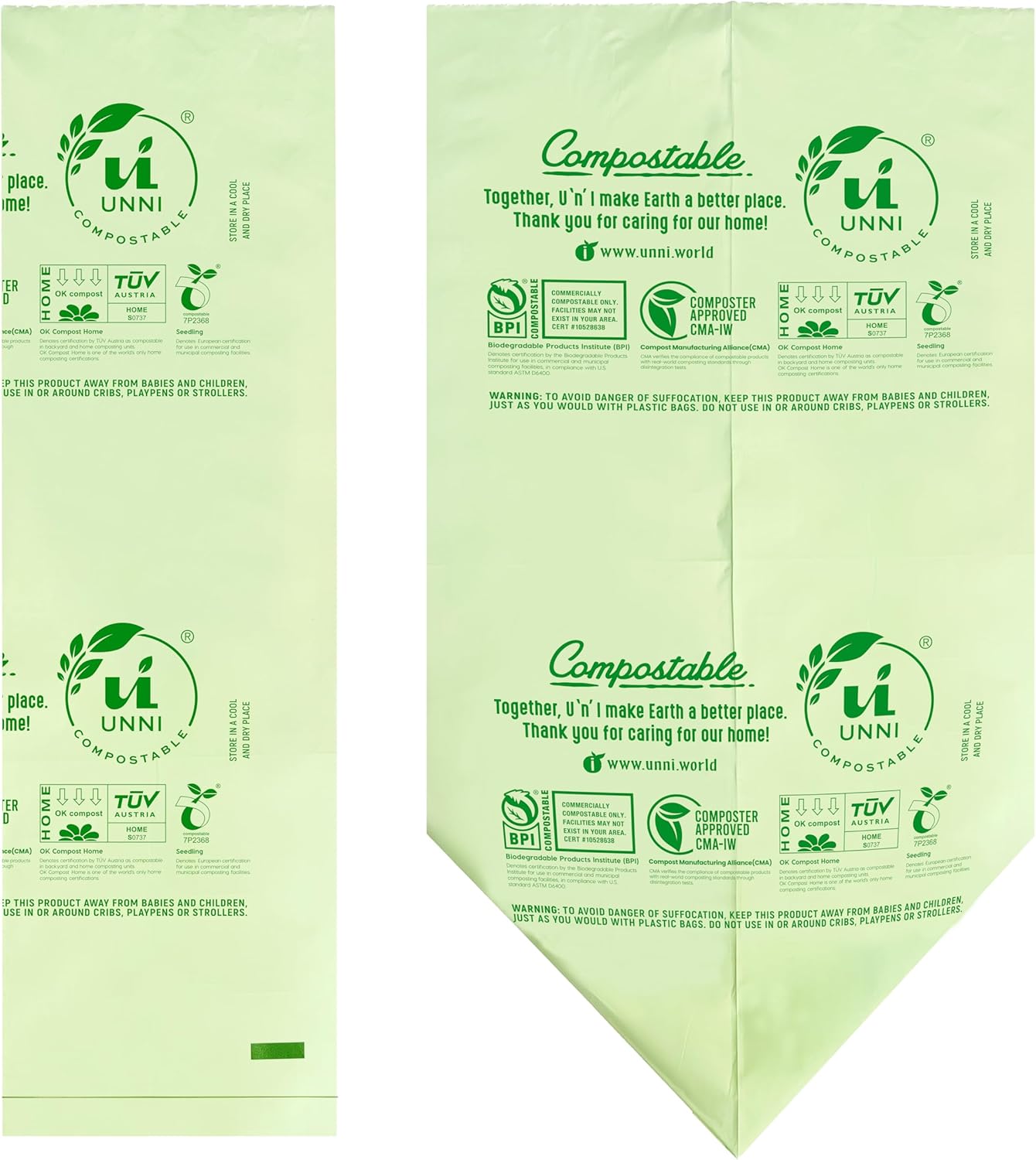 UNNI Compostable Trash Bags, 2.6 Gallon / 9.84 Liter, 100 Count, Extra Thick 0.71 Mil Small Kitchen Food Scrap Bin Liners, Certified by BPI, CMA & OK compost HOME, Meets the ASTM D6400 Standard