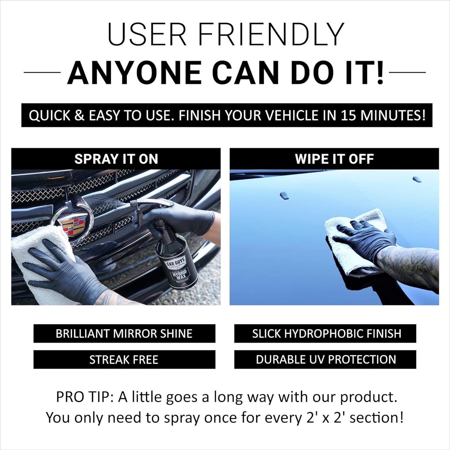 CAR GUYS Hybrid Spray Wax - Advanced Car Wax Sealant - Deep High Gloss in Minutes - Safe on Plastic & Rubber Trim, Paint & Glass - 18 Oz Kit with Towel