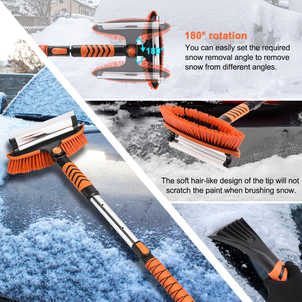 Car Snow Brush Snow Shovel Kit, 42'' Extendable Ice Scrapers and Snow Brushes for Car Windshield with Foam Grip 180° Pivoting Brush Head Snow Scraper, 39'' Extendable Emergency Snow Shovel for Car