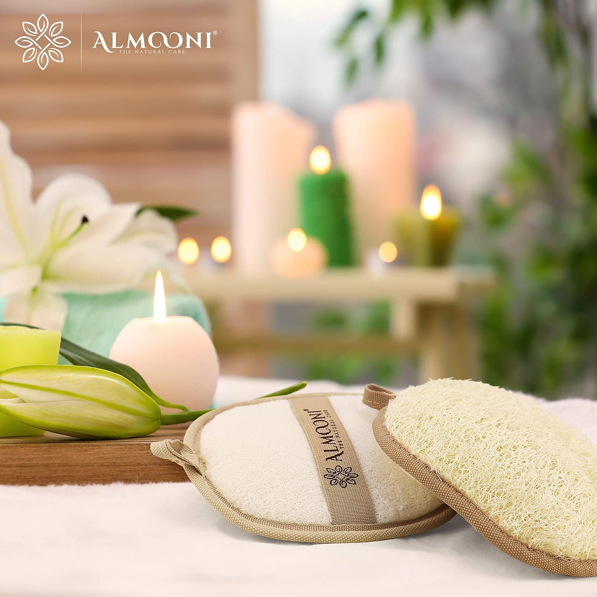 Almooni Natural Loofah Exfoliating Body Scrubber Pads, Lightly Abrasive Egyptian Loofah for Face and Body Cleansing, Dual-Sided with Terry Cloth, Hand Strap, 2-Count