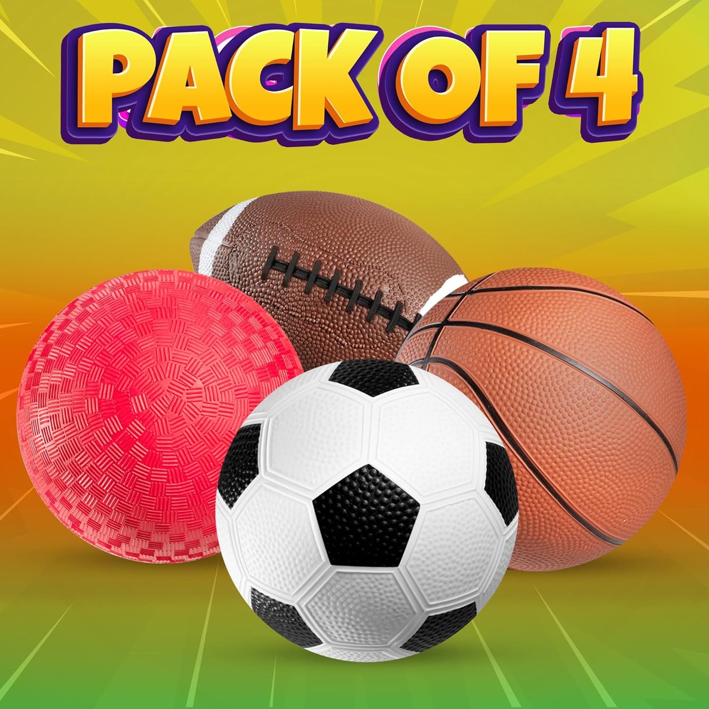 Sports Balls for Kids & Toddlers - (Pack of 4) 5-inch Sports Set Includes Football, Small Size Soccer, Basketball, and Playground Balls, Fun Indoors & Outdoor Toys (Hand Pump Included)