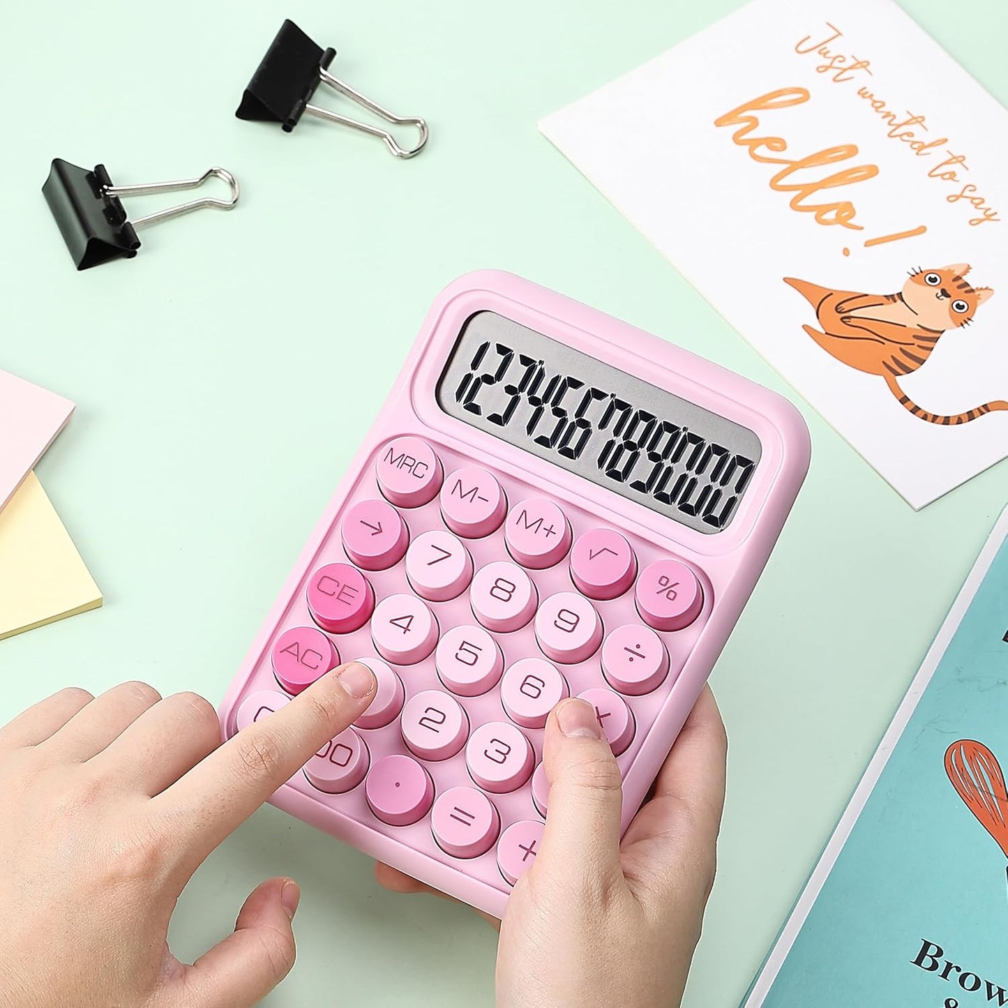 Mr. Pen- Mechanical Switch Calculator - 12 Digit Large LCD Display, Pink with Big Buttons