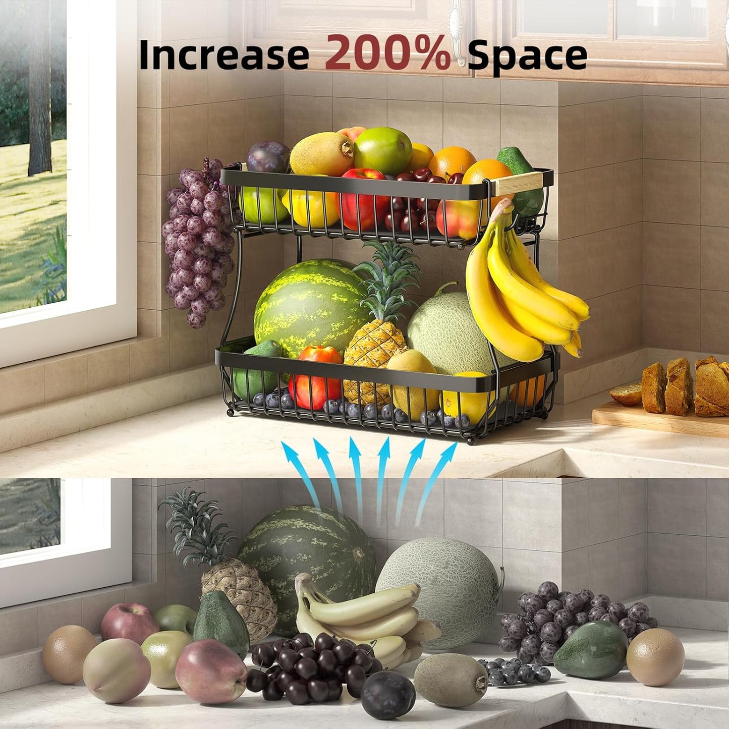 2 Tier Large Fruit Basket for Kitchen Counter with 2 Mobile Banana Hangers, 2026 Pro Detachable Metal Fruit Bowl with Wooden Handle, Fruit Holder for Bread Snack Veggies with Protective Mats