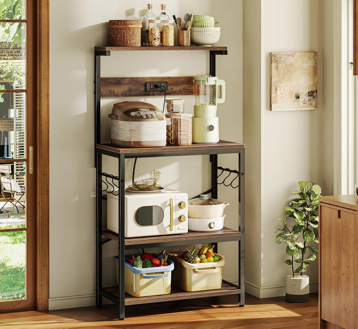 SUPERJARE Kitchen Bakers Rack with Power Outlet, Coffee Bar Table 4 Tiers, Kitchen Microwave Stand with 6 S-shaped Hooks, Storage Shelf Rack for Spices, Pots and Pans - Rustic Brown