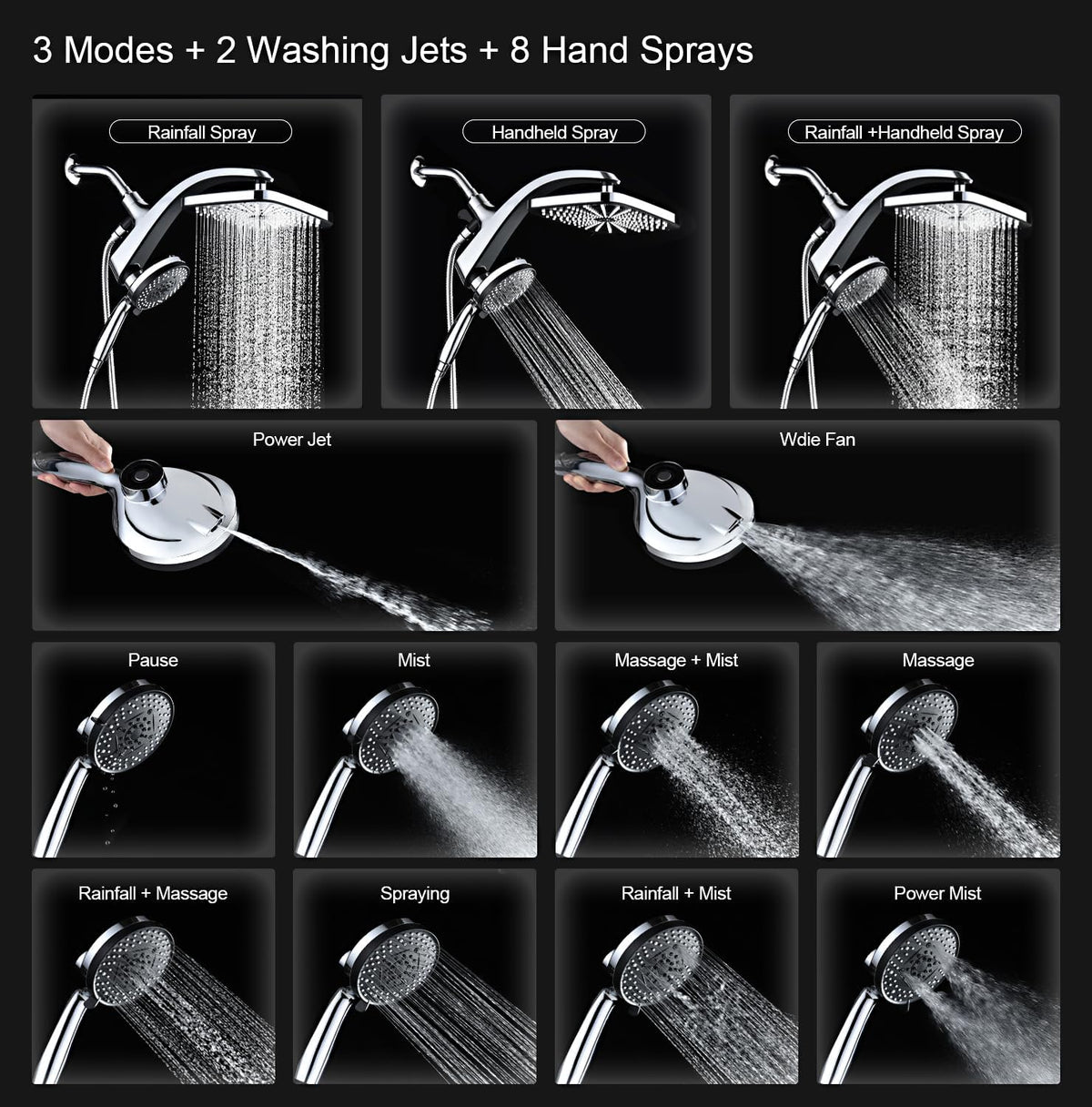 High Pressure Rain Shower Head: Upgrade Shower Heads with Handheld Spray Combo with Fixed Showerhead and 10 Sprays Handheld Shower Head, Detachable Shower head Built-in Magnetic Docking and Power Jets
