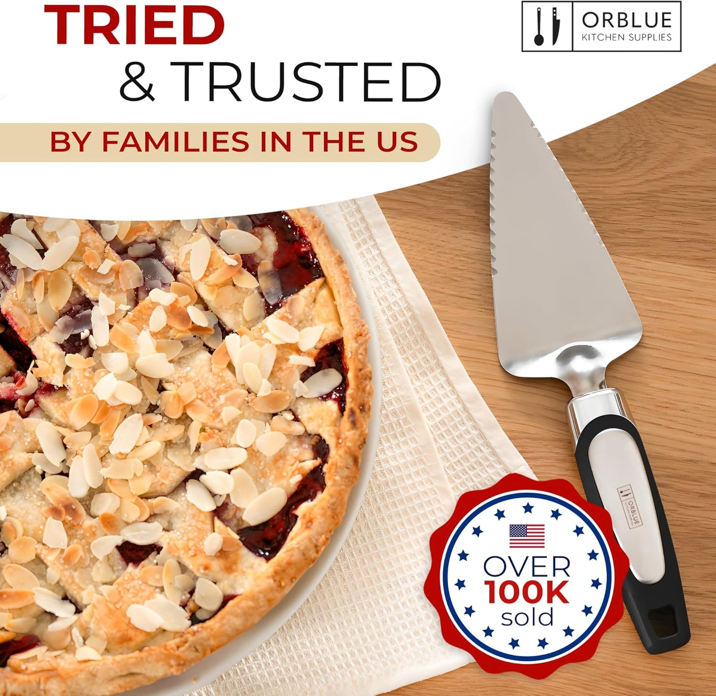 Orblue Pie Server, Essential Kitchen Tool, Serrated on Both Sides, Great for Right or Left Handed Chef, Stainless Steel Flatware, Cake Cutter, Black