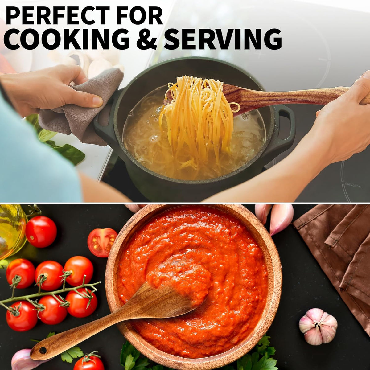 Zulay Kitchen 6-Piece Wooden Cooking Spoons Set – Heat-Resistant, Smooth Teak Utensils with Comfort Grip – Lightweight & Durable – Easy to Clean, Perfect for Non-Stick Cookware