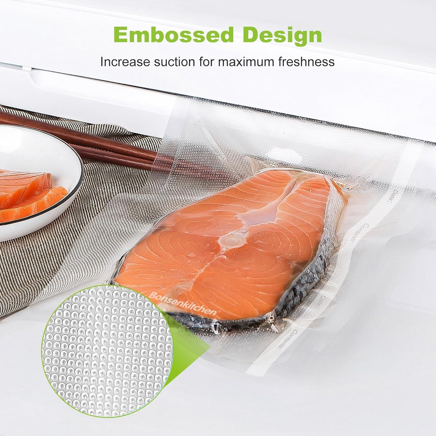 Bonsenkitchen Vacuum Sealer Bags, 8" x 50' Rolls 2 pack for Food Storage Saver, Bpa Free, Heavy Duty, Commercial Grade Textured Food Roll, Customized Size Bag for Sous Vide Cooking,VB3209