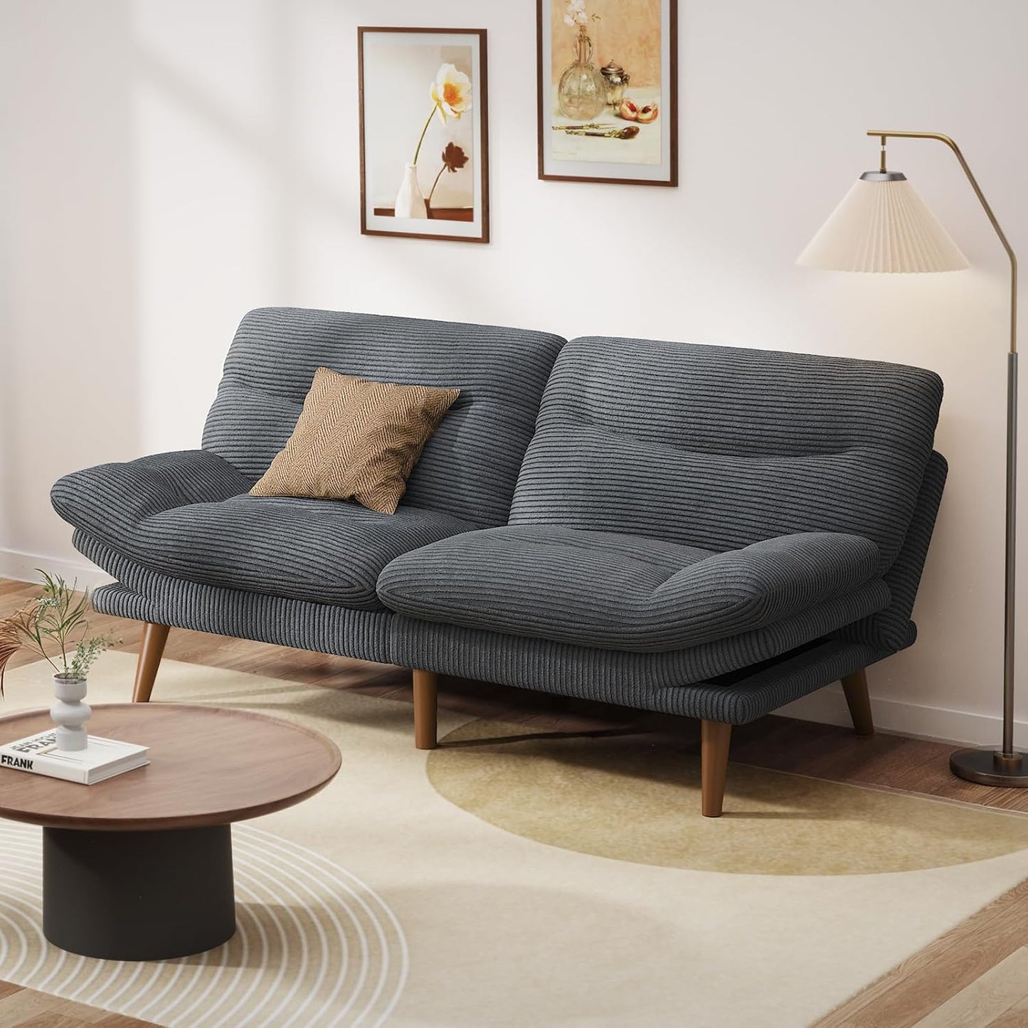 Pipishell Futon Sofa Bed, 66 Inch Corduroy Futon Couch Convertible with Adjustable Backrest and Armrests, Recliner Sleeper Sofa for Small Spaces, Living Room, Office, Guest Room (Grey, 66 Inch)