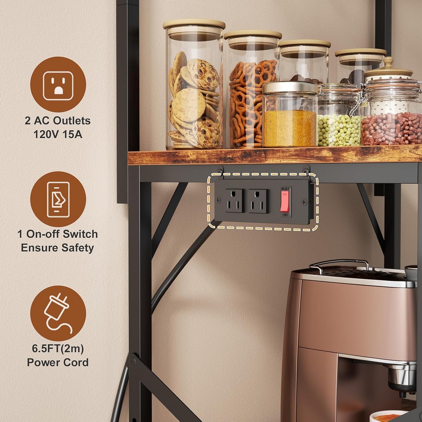 Kitchen Bakers Rack with Power Outlet, Coffee Bar Table 4 Tiers, Microwave Stand with 8 Hooks, Coffee Station and Organizer, Kitchen Storage Shelves Rack for Spices, Pots, Black