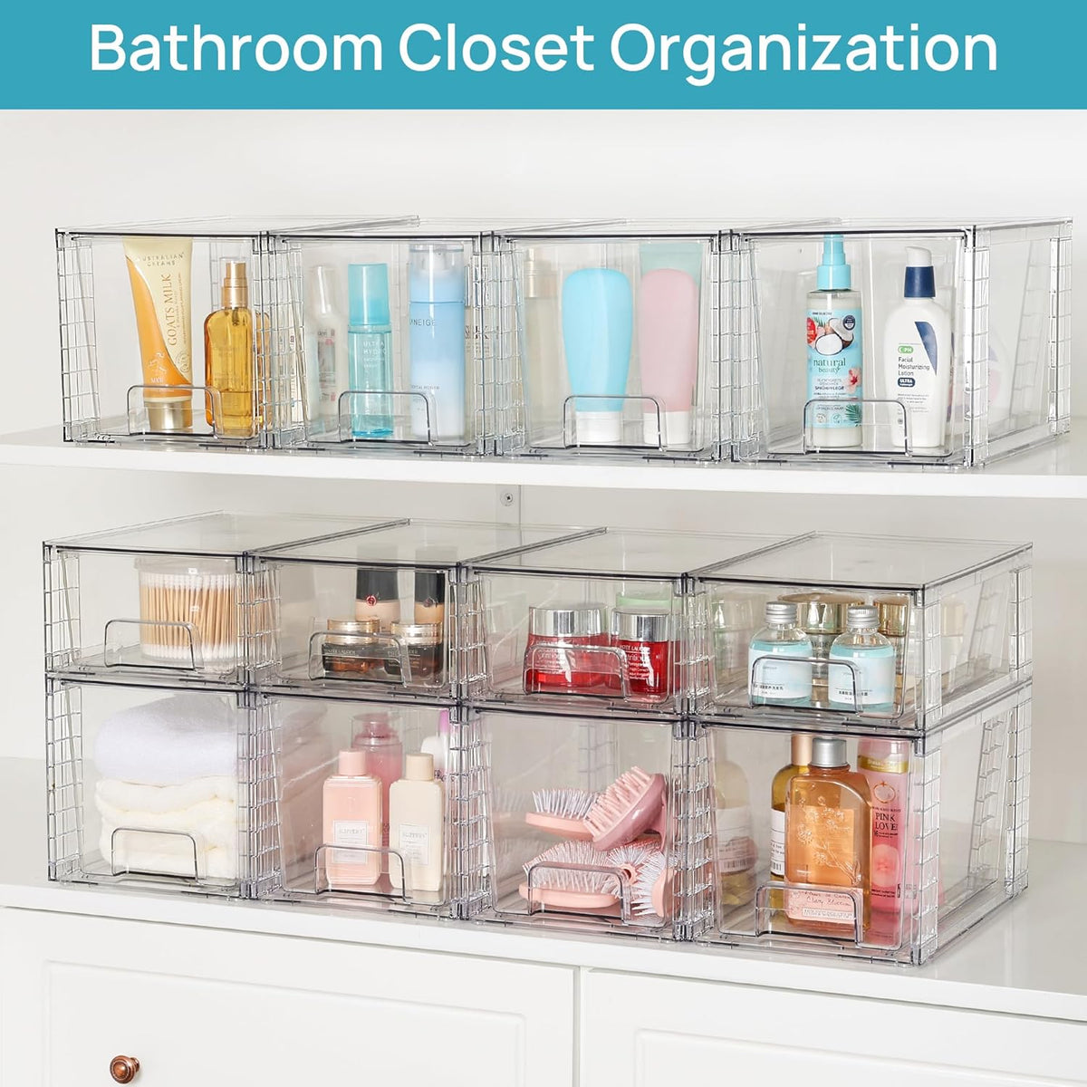 Vtopmart 4 Pack Large Stackable Storage Drawers,Easily Assemble Acrylic Bathroom Closet Undersink Organizers and Storage,Plastic Bins for Kitchen Cabinets,Pantry,Makeup,Medicine Organization