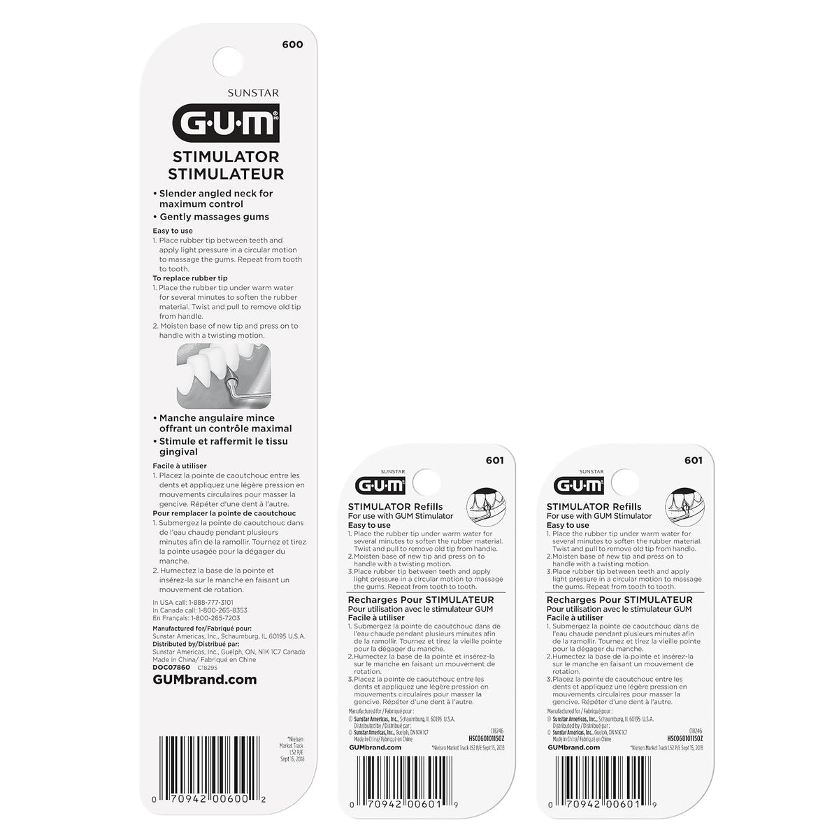GUM Stimulator Permanent Handle - Long Handled Massager Remove Plaque & Promote Health (Handle + 2 Refill Packs)