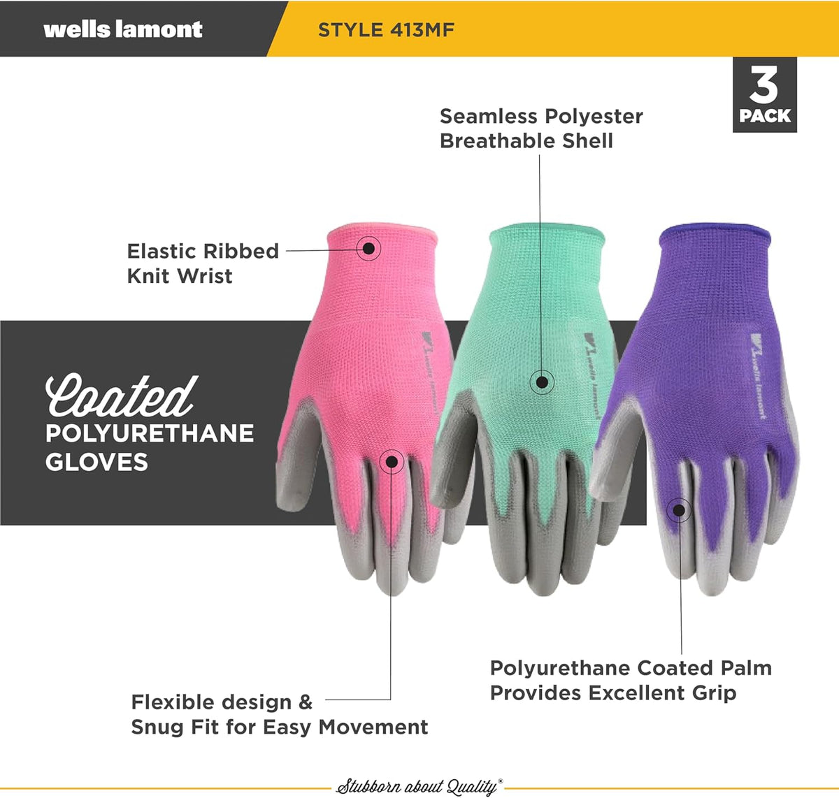 Wells Lamont Gardening Gloves for Women – Breathable Polyester, Seamless Fit – PU-Coated Palm for Grip & Durability – Elastic Wrist – Pink/Green/Purple, Medium, Pack of 3 (413MF)