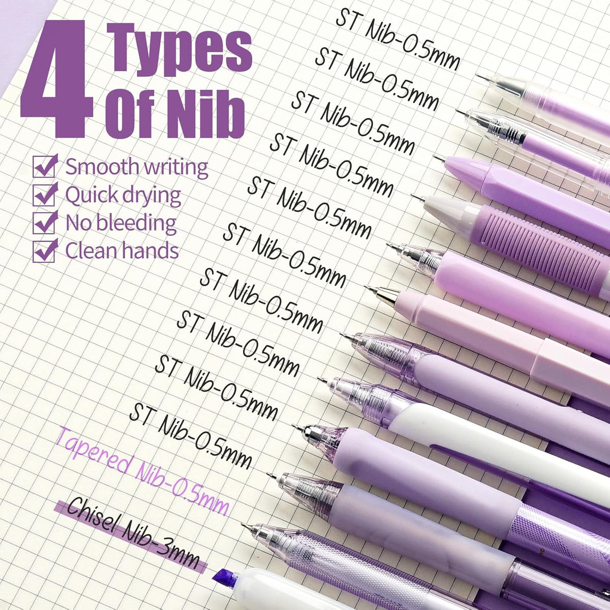 Four Candies Lavender Series Gel Pens, Black & Purple Ink Writing Pens with 0.5 mm Smooth Fine Point, School Office Stationery Supplies Desk Accessories Gifts for Women, Set of 12