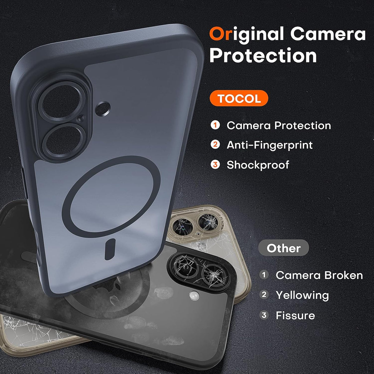 TOCOL Magnetic for iPhone 16 Case, Compatible with Magsafe, Upgraded Full Camera Protection, Drop Protection, Translucent Matte Back Bumper Phone Cover 6.1-Inch（Black）