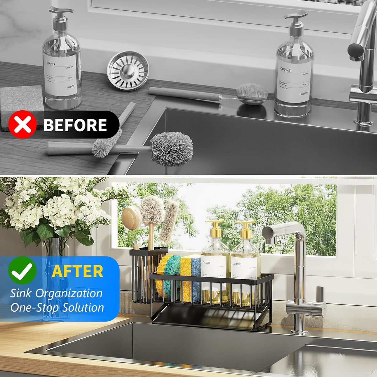 Cisily Kitchen Sink Caddy Organzier with High Brush Holder, Sponge Holder for Sink, 304 Rustproof Stainless, Kitchen Countertop Soap Dispenser Organizer
