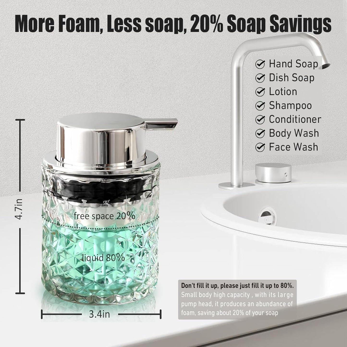 Malachi Foaming Hand Soap Dispenser, Refillable Clear Glass Pump Bottles for Liquid or Lotion, Modern Foam Dispenser for Bathroom, Kitchen, Commercial