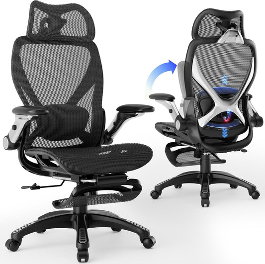 ELABEST X100 Ergonomic Mesh Office Chair with Footrest, Big and Tall Hone Desk Chair with 5D Flip-Up Arms, Adjustable 3D Lumbar Support,Gaming & Executive Computer Chairs