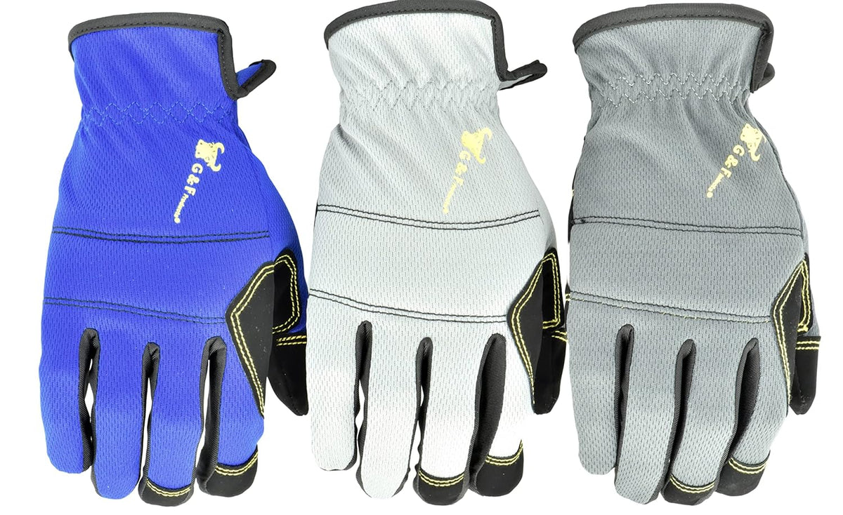 G & F Products unisex adult All Purpose Utility Work Gloves High Performance Mechanics Gloves assorted colors 3 Pair Value Pack, Black, Grey, Blue, Large Pack of US