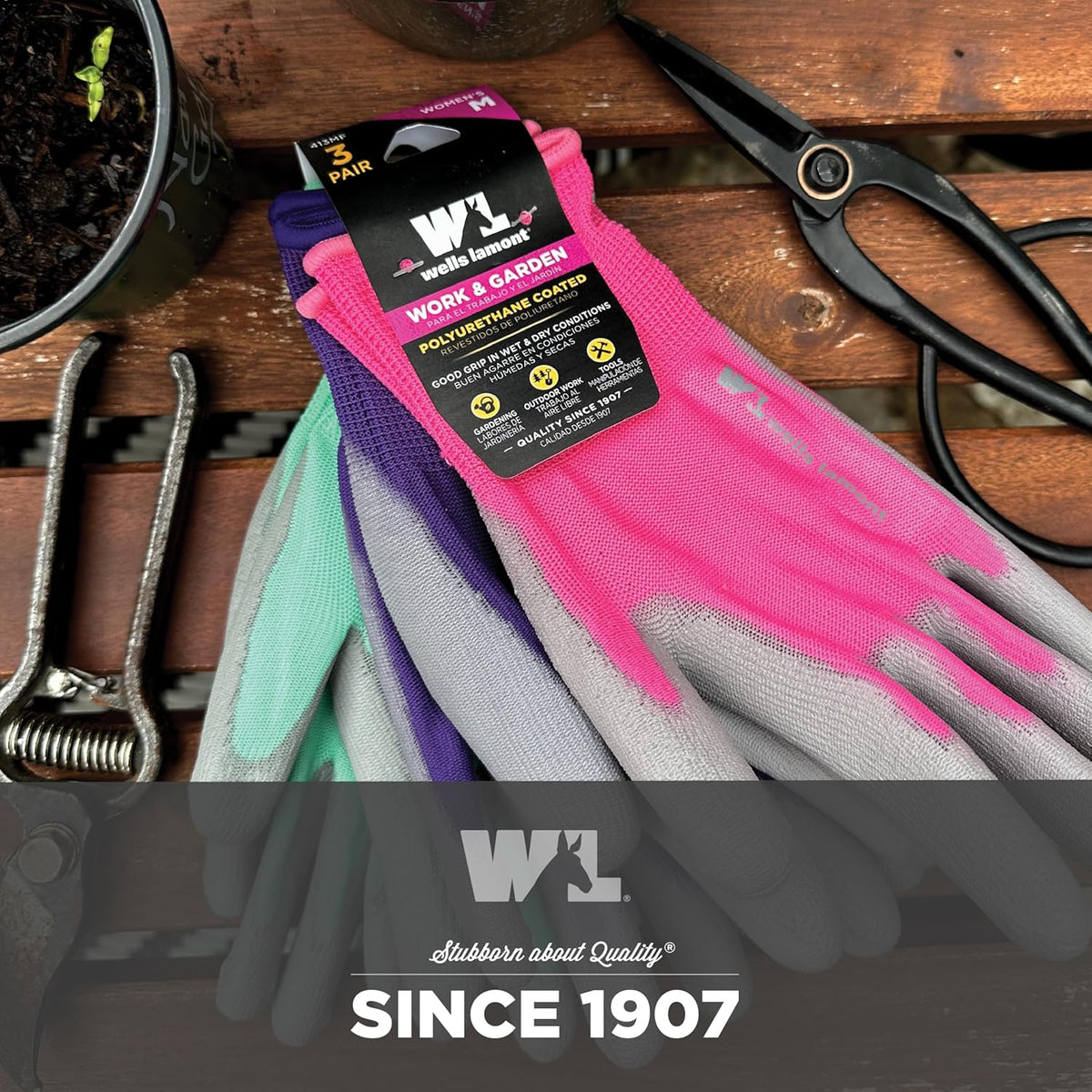 Wells Lamont Gardening Gloves for Women – Breathable Polyester, Seamless Fit – PU-Coated Palm for Grip & Durability – Elastic Wrist – Pink/Green/Purple, Medium, Pack of 3 (413MF)