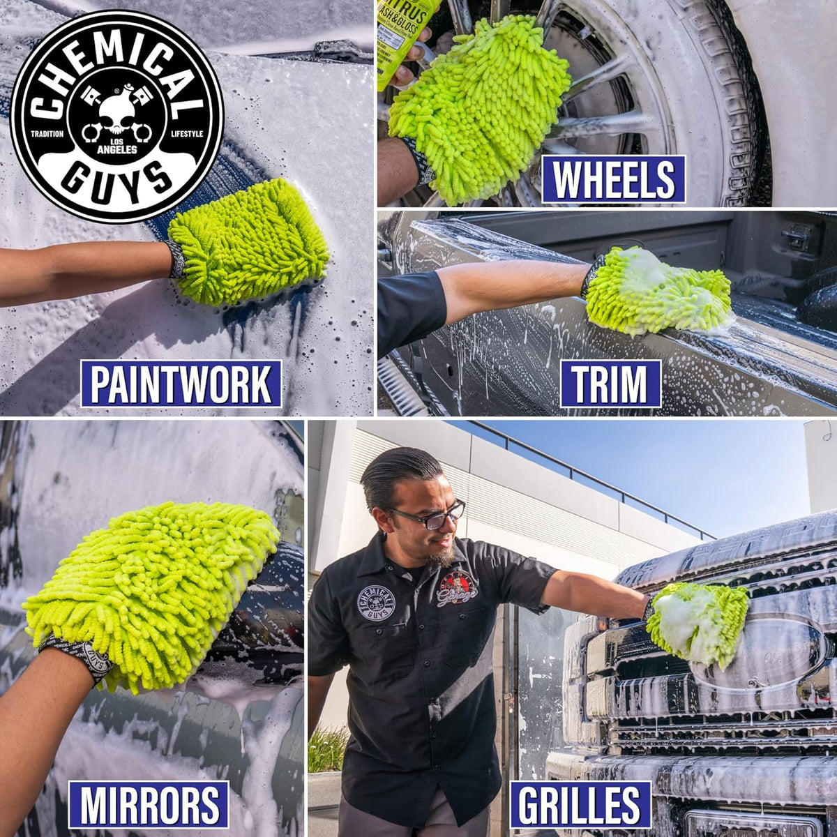 Chemical Guys Chenille Premium Scratch-Free Microfiber Wash Mitt for Car Washing - 2 Pack, Lime Green, Ultra-Soft Car Wash Gloves, Swirl-Free Finish, Safe for Trucks, SUVs, Motorcycles, and More