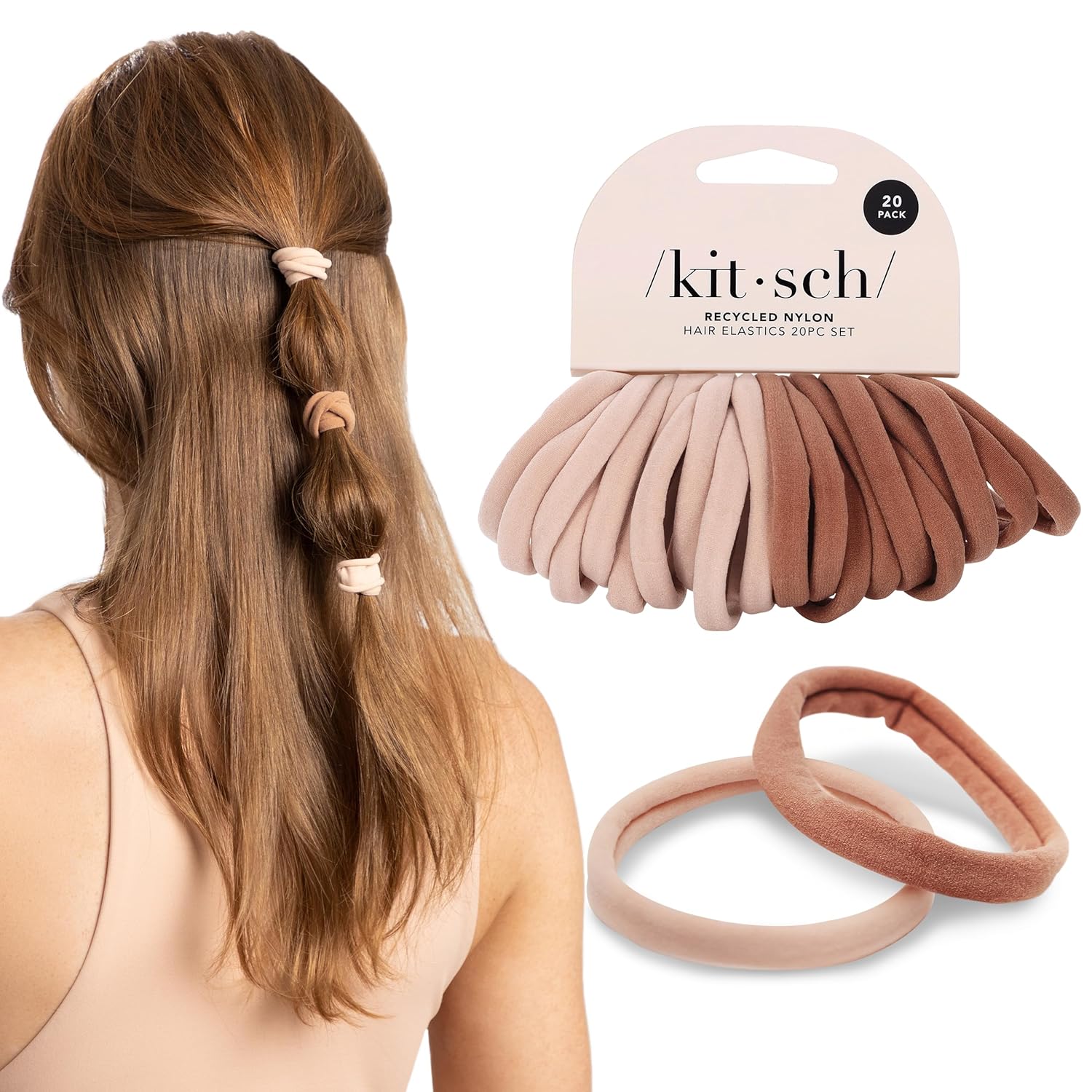 Kitsch Hair Ties No Damage - Strong, Stretchy & Snag-Free Hair Bands | Soft Nylon Ponytail Holders, Stylish Elastics for Everyday Hairstyles | Ideal Gifts for Women - Blush, 20pcs