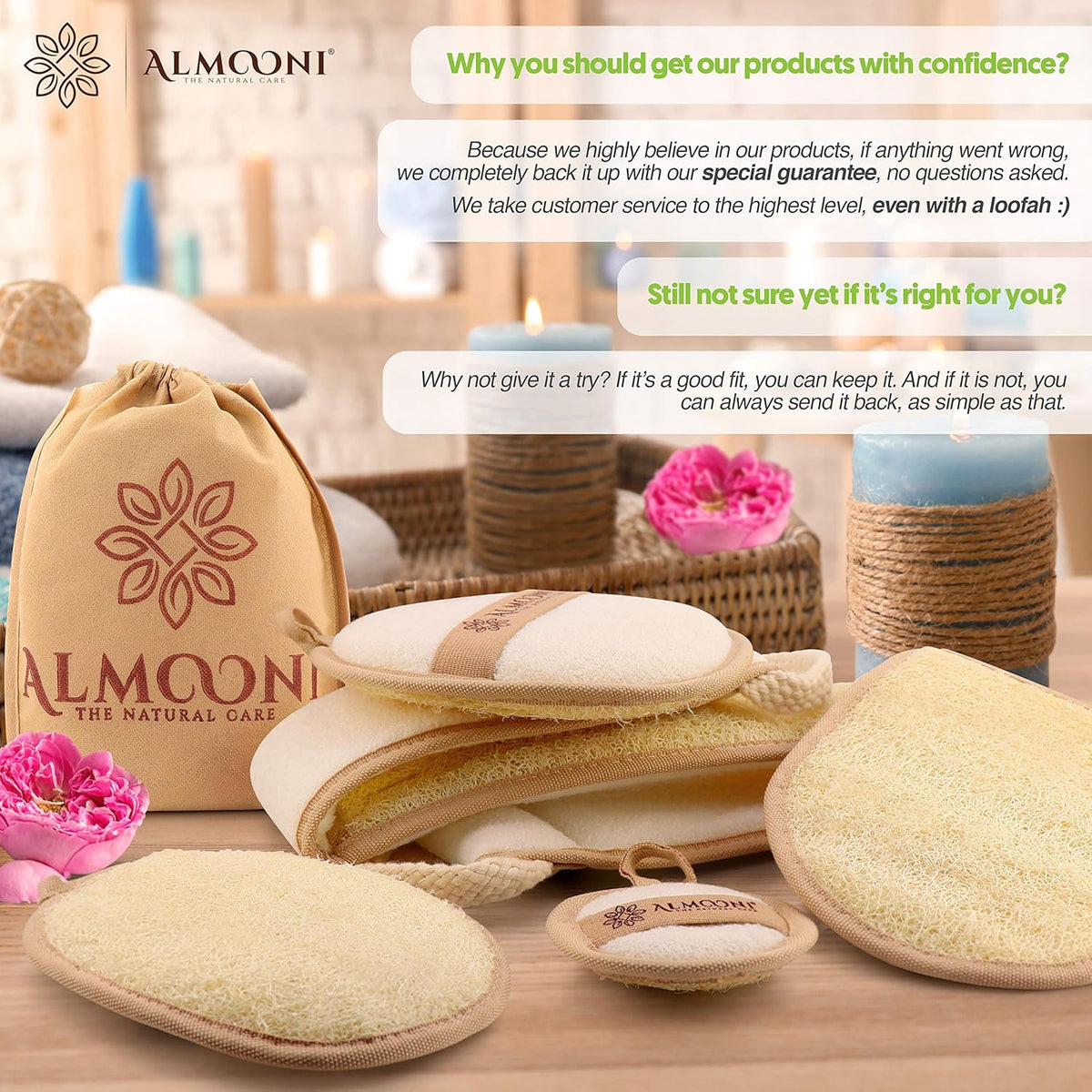 Almooni Natural Loofah Exfoliating Body Scrubber Pads, Lightly Abrasive Egyptian Loofah for Face and Body Cleansing, Dual-Sided with Terry Cloth, Hand Strap, 2-Count
