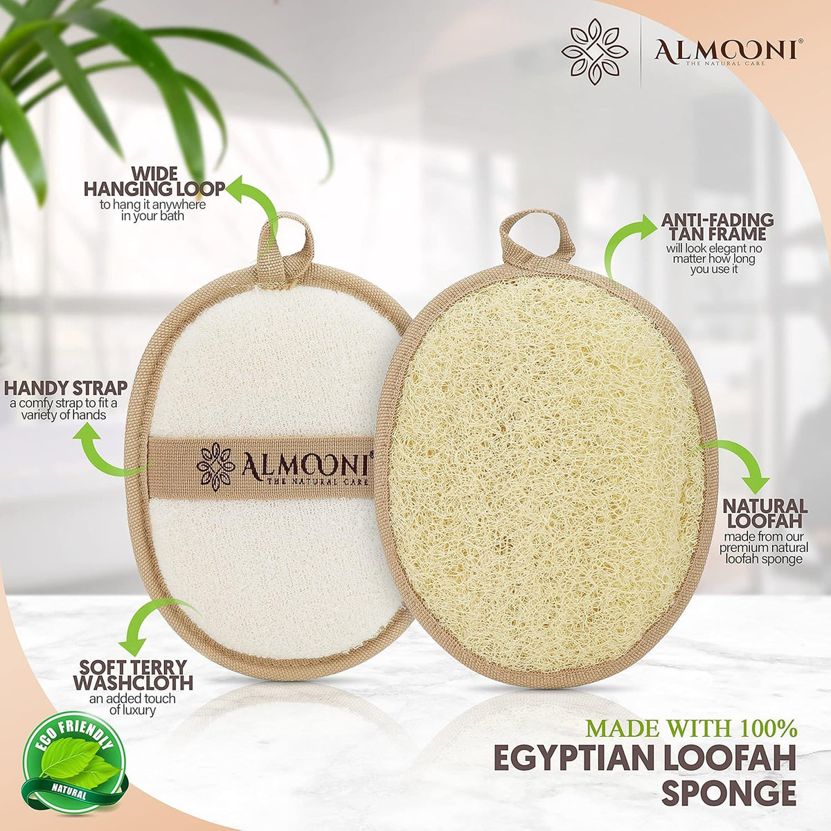 Almooni Natural Loofah Exfoliating Body Scrubber Pads, Lightly Abrasive Egyptian Loofah for Face and Body Cleansing, Dual-Sided with Terry Cloth, Hand Strap, 2-Count