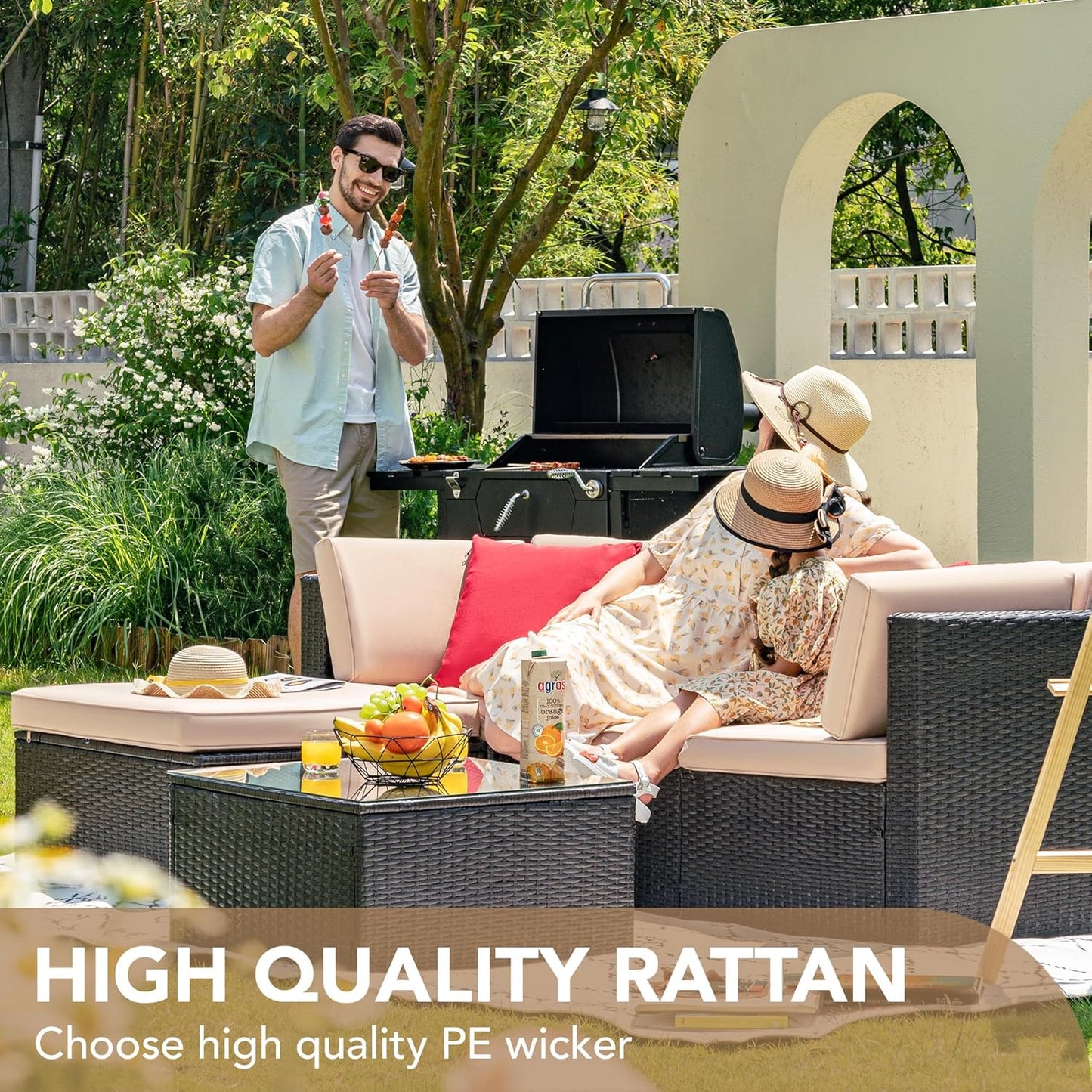 Devoko 5 Pieces Patio Furniture Sets All Weather Outdoor Sectional Patio Sofa Manual Weaving Wicker Rattan Patio Seating Sofas with Cushion and Glass Table (Beige)