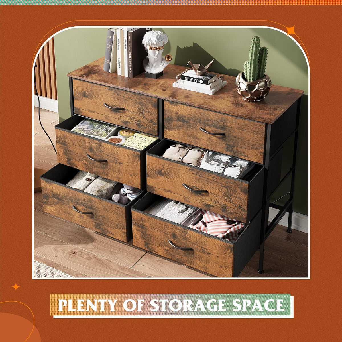 WLIVE Dresser for Bedroom with 6 Drawers, Wide Fabric Dresser TV Stand for 50 Inches TV, with Metal Frame, Wooden Top, Fabric Storage Dressers for Bedroom, Hallway, Entryway, Rustic Brown