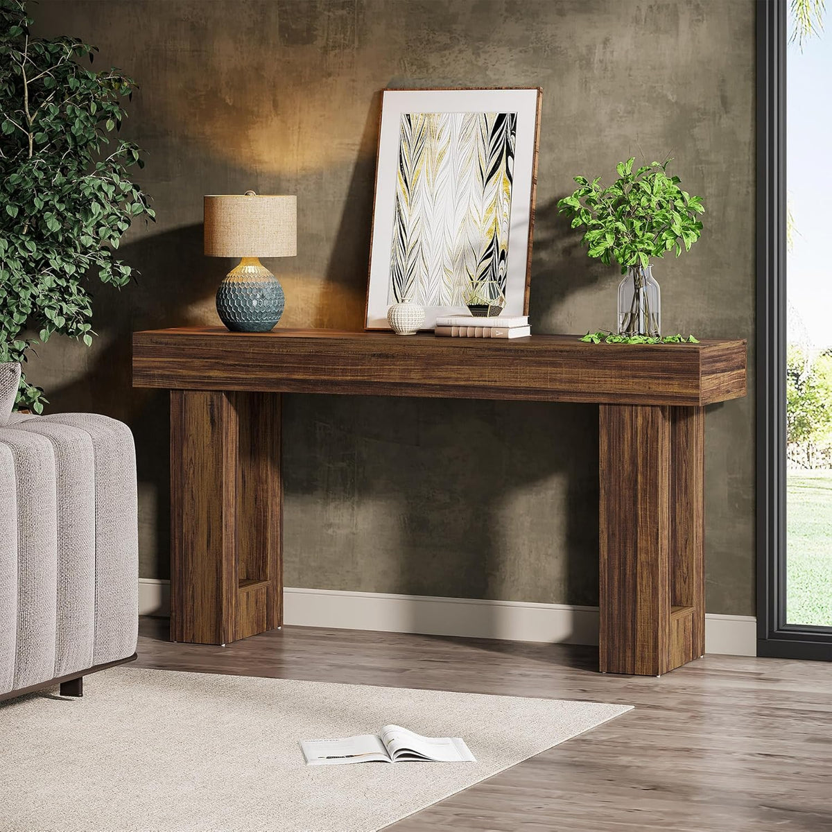 Tribesigns 63-Inch Long Console Table, MDF Wood Grain Rectangular Sofa Table Behind The Couch, Farmhouse Entryway Table for Entrance, Hallway, Living Room (Rustic Brown)